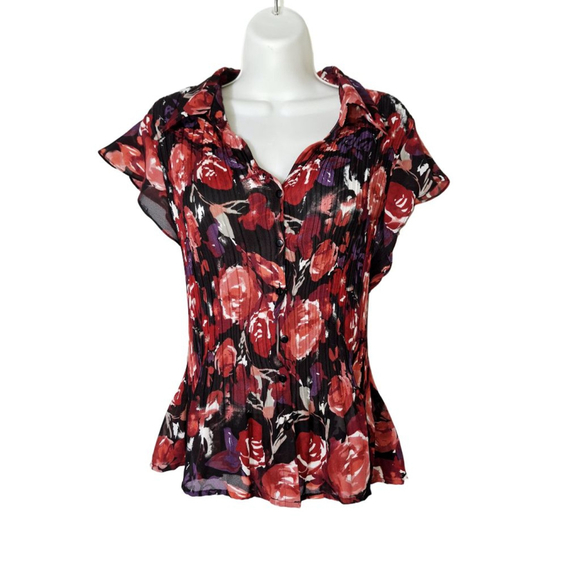 Bethany Tops - Bethany vintage Black Red Floral Pleated Blouse Plus Size 16 Y2K ruffle